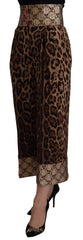 Women's Brown Leopard Gold Jacquard High Waist Pants Wool