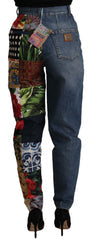 Women's Blue Jeans Jacquard Majolica High Waist Pants Acrylic