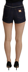 Women's Blue Denim Stretch Crystal Hot Pants Shorts Cotton
