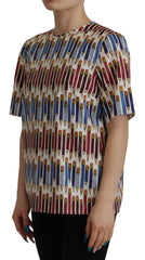 Women's White Pencil Print Cotton T-Shirt Blouse