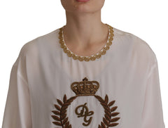 Women's White Silk Gold Dg Crown Crystal Blouse Top