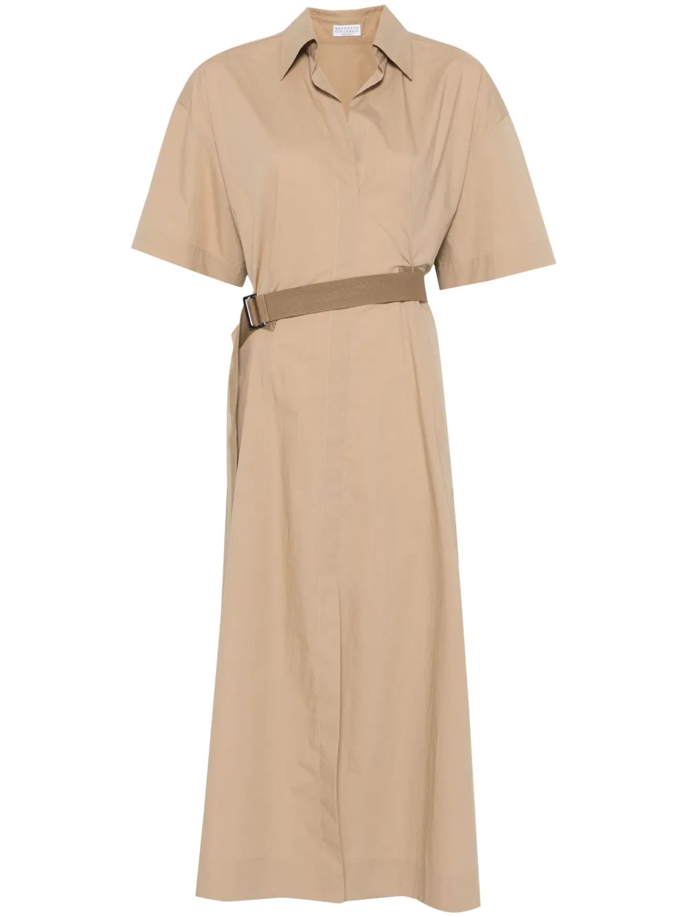 Brunello Cucinelli Belted Poplin Midi Dress — Beige