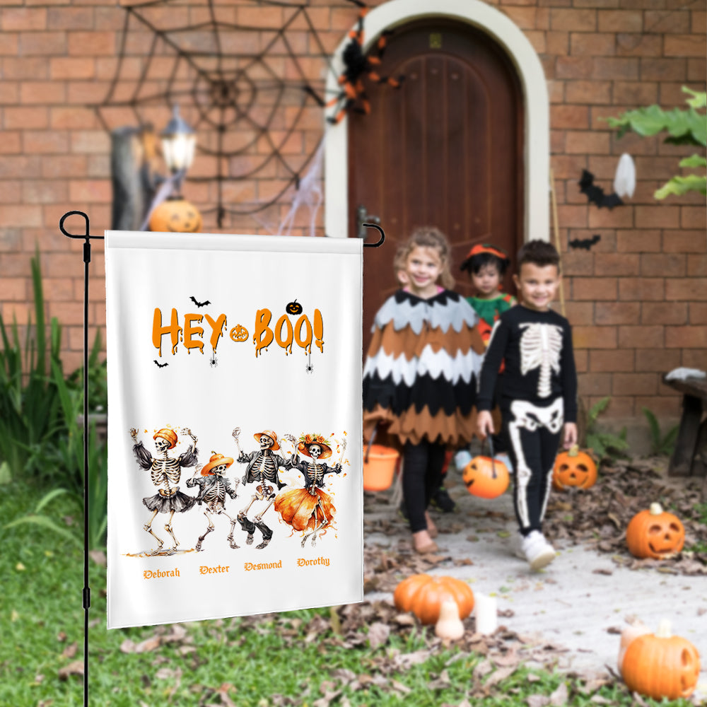 Personalizada Calabaza Divertida Bailando Esqueletos Bandera de Jardín con 3-8 Nombres y Cita Yard Porche Decoración Halloween Housewarming Regalo para la Familia Amigo