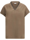 Brunello Cucinelli V-Neck Short-Sleeve Shirt — Khaki
