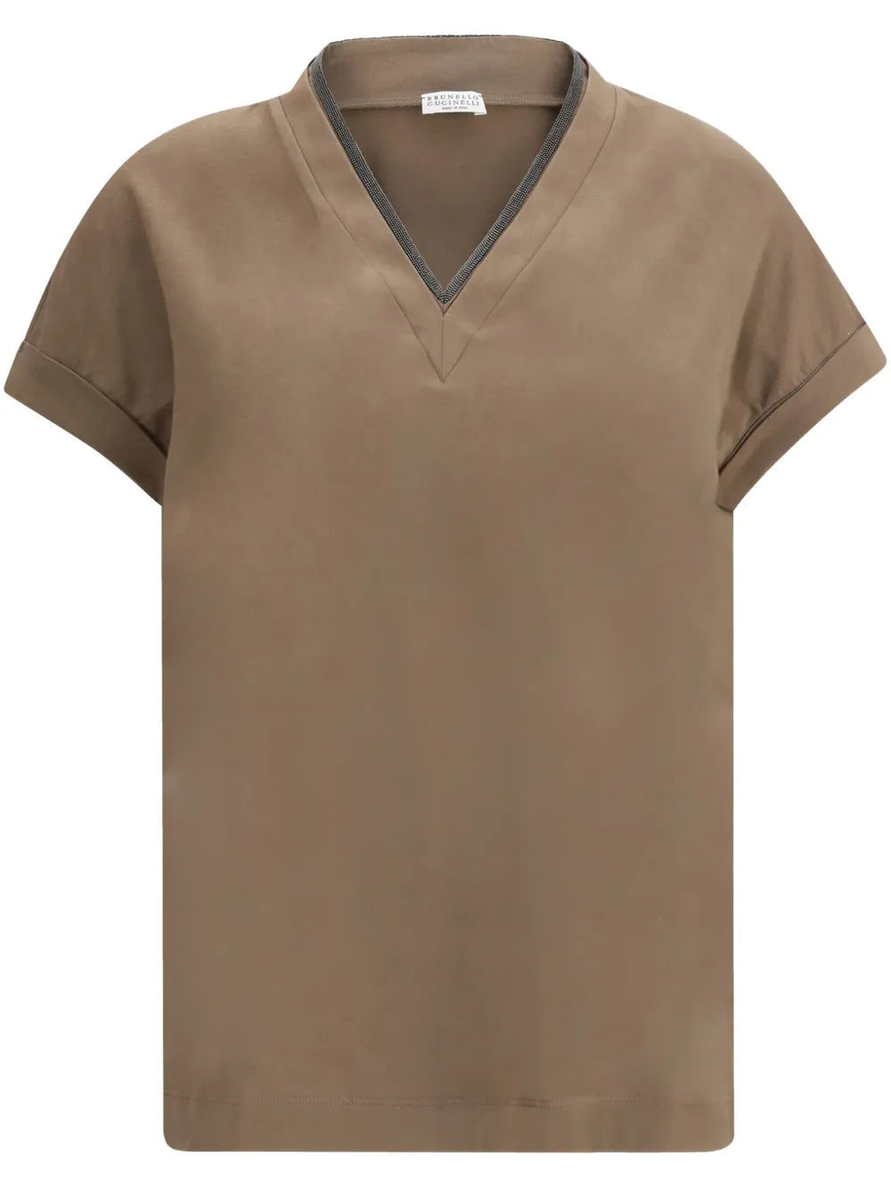 Brunello Cucinelli V-Neck Short-Sleeve Shirt — Khaki