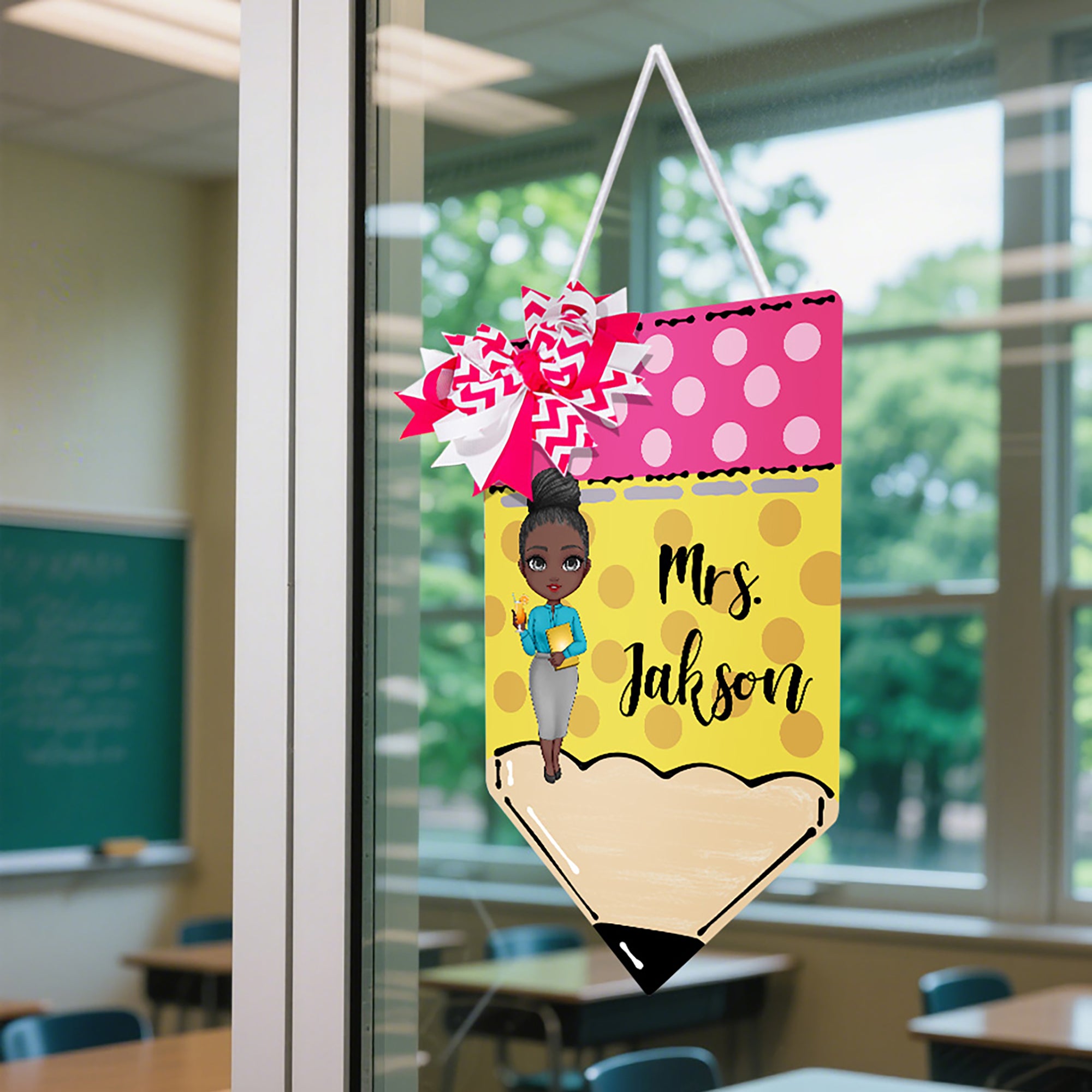 Cartel de madera personalizado de un profesor de dibujos animados con su apellido y un lazo para colgar en la puerta Regalo de agradecimiento para profesores por el Día del Profesor en la vuelta al co