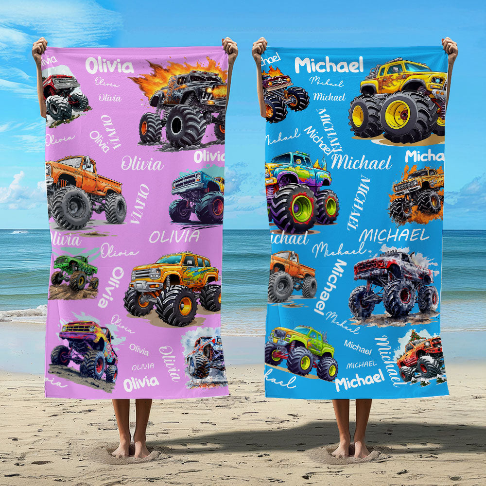 Toalla de playa de secado rápido personalizada con el nombre de un vehículo todoterreno de dibujos animados multicolor Regalo de cumpleaños de fiesta en la playa para niños