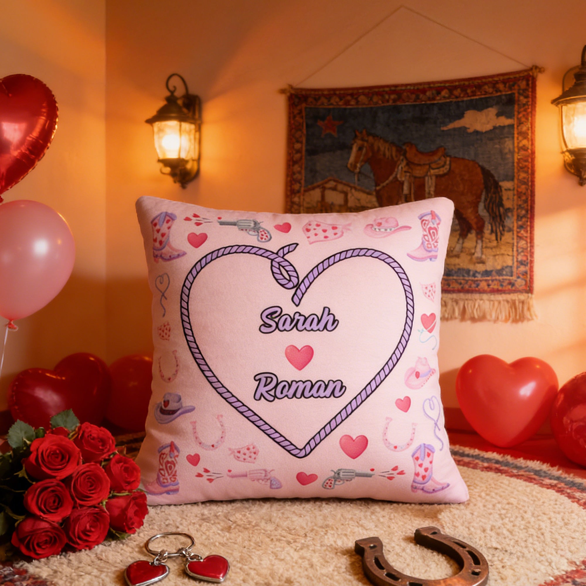 Funda de cojín personalizada con nombres en forma de corazón de vaquero rosa Decoración del hogar Cumpleaños Aniversario San Valentín Regalo de inauguración de la casa para parejas