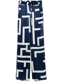 Kiton Geometric-Print Silk Trousers — Navy