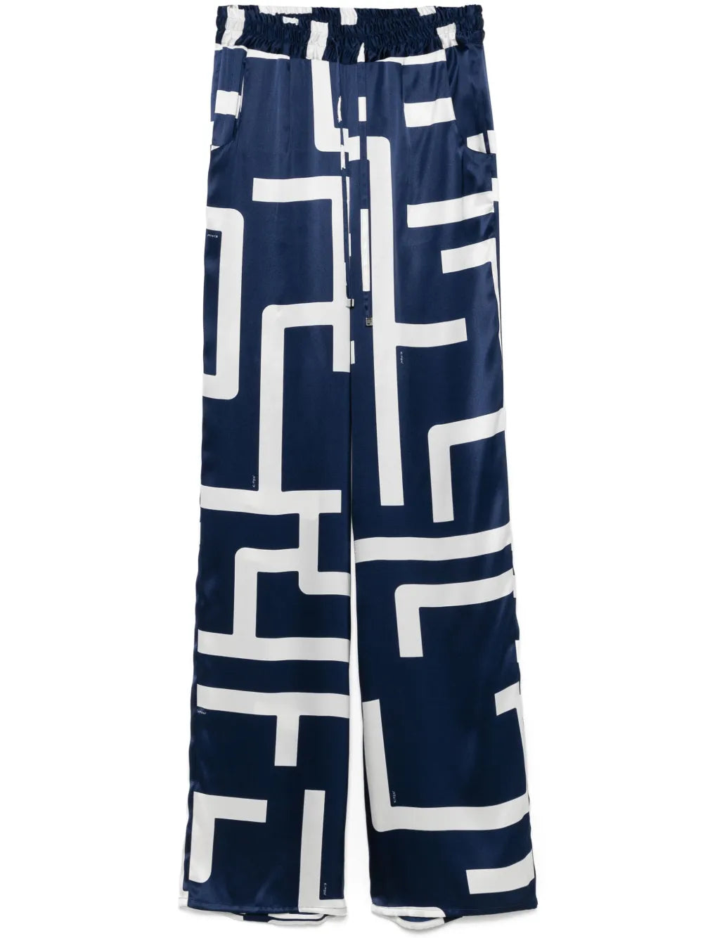 Kiton Geometric-Print Silk Trousers — Navy