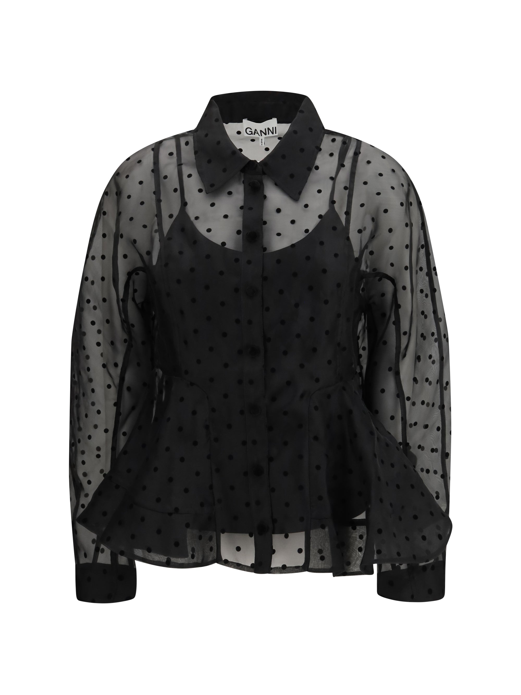Ganni Polka Dot Organza Shirt — Black