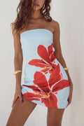 Strapless Tube Pocketed Lily Print Mini Dress