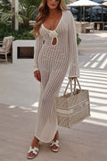 V Neck Long Sleeves Backless Crochet Hollow Out Knit Maxi Dress