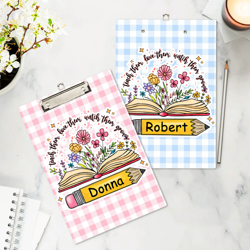 Portapapeles colgante personalizado con diseño de libro floral a cuadros con clip de perfil bajo y nombre Herramienta didáctica Regalo del Día del Maestro para profesores Educadores
