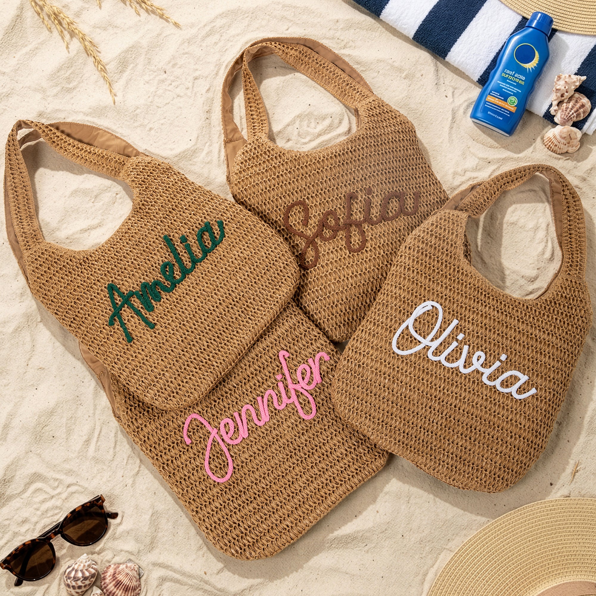 Personalizada Nombre Multicolor Crochet Raffia Bolsa Tote Vacaciones en la playa Despedida de soltera Cumpleaños Regalo para ella