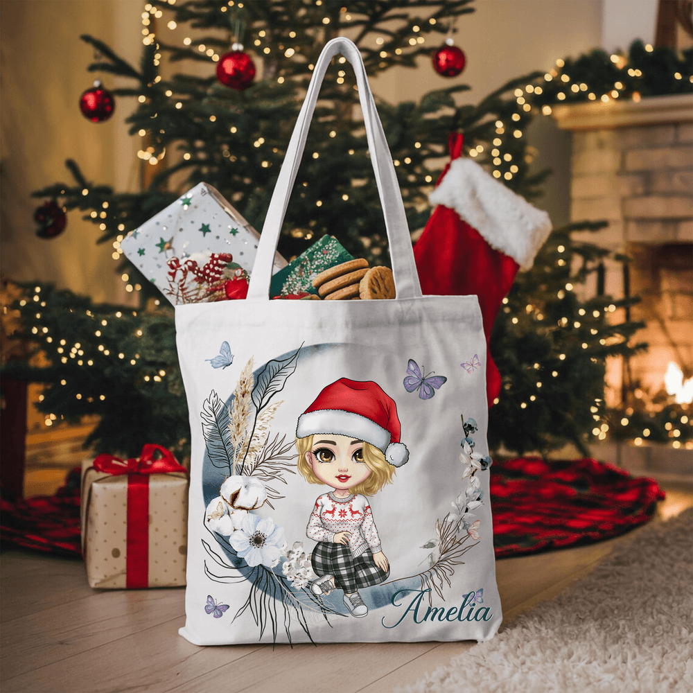 Gorro de Papá Noel personalizado Personaje de dibujos animados Luna creciente Bolsa de lona con nombre Uso diario Navidad Cumpleaños Regalo para mujer Niña