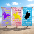 Toalla de playa personalizada con nombre y silueta de propietario de caballo, de secado rápido, en degradado y tamaño extragrande Regalo de fiesta en la playa para amantes de la hípica