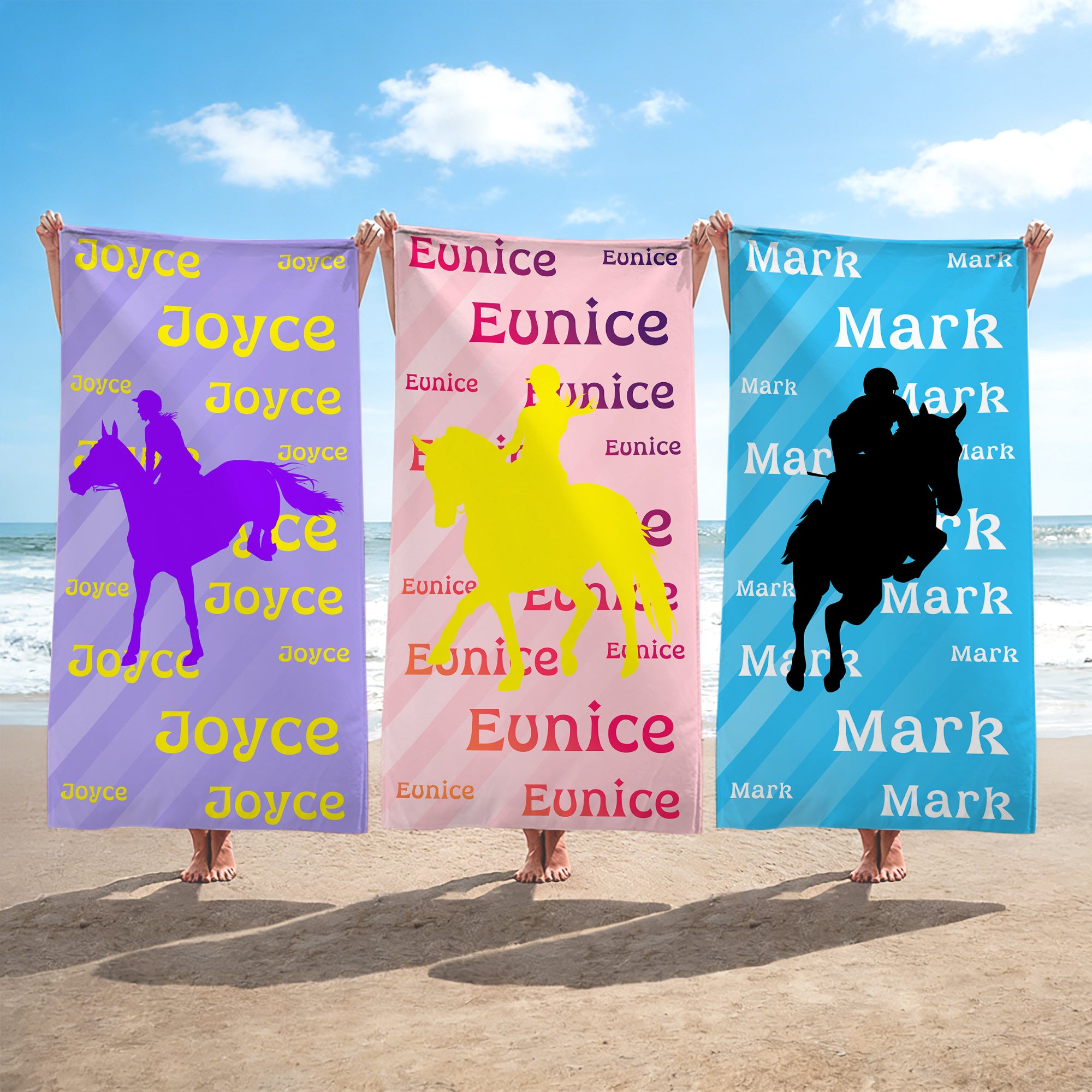 Toalla de playa personalizada con nombre y silueta de propietario de caballo, de secado rápido, en degradado y tamaño extragrande Regalo de fiesta en la playa para amantes de la hípica