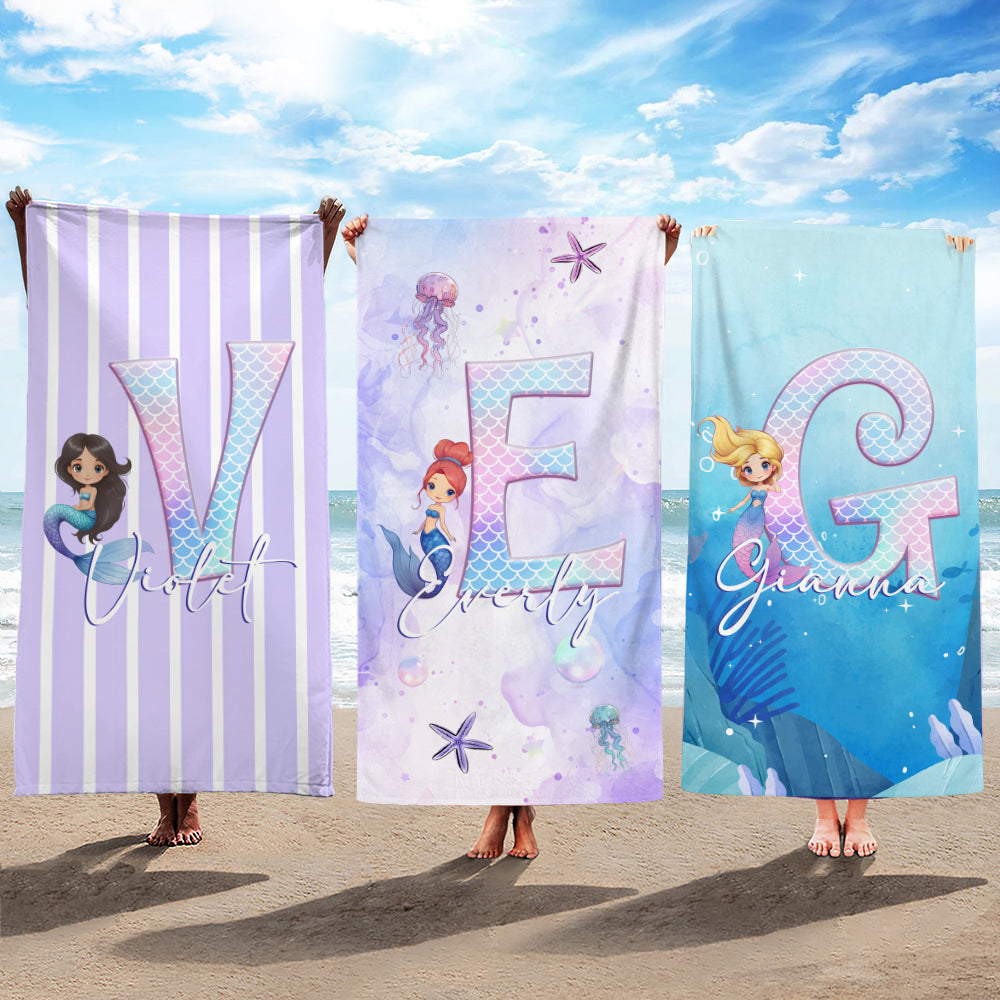 Toalla de playa de gran tamaño, suave y de secado rápido, con iniciales y nombre, personalizada, de fantasía, de sirena, para fiestas en la playa, de regalo para niñas y mujeres.