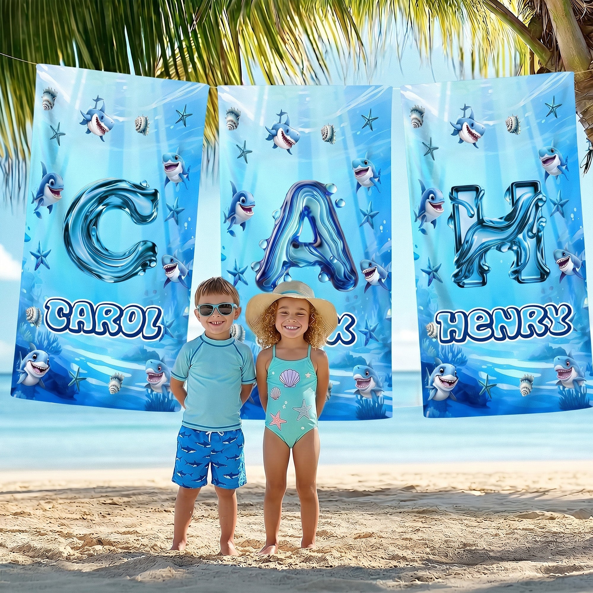 Toalla de playa de microfibra con nombre personalizada con iniciales de tiburón marino de secado rápido para fiesta de verano en la playa regalo de cumpleaños para niño adolescente
