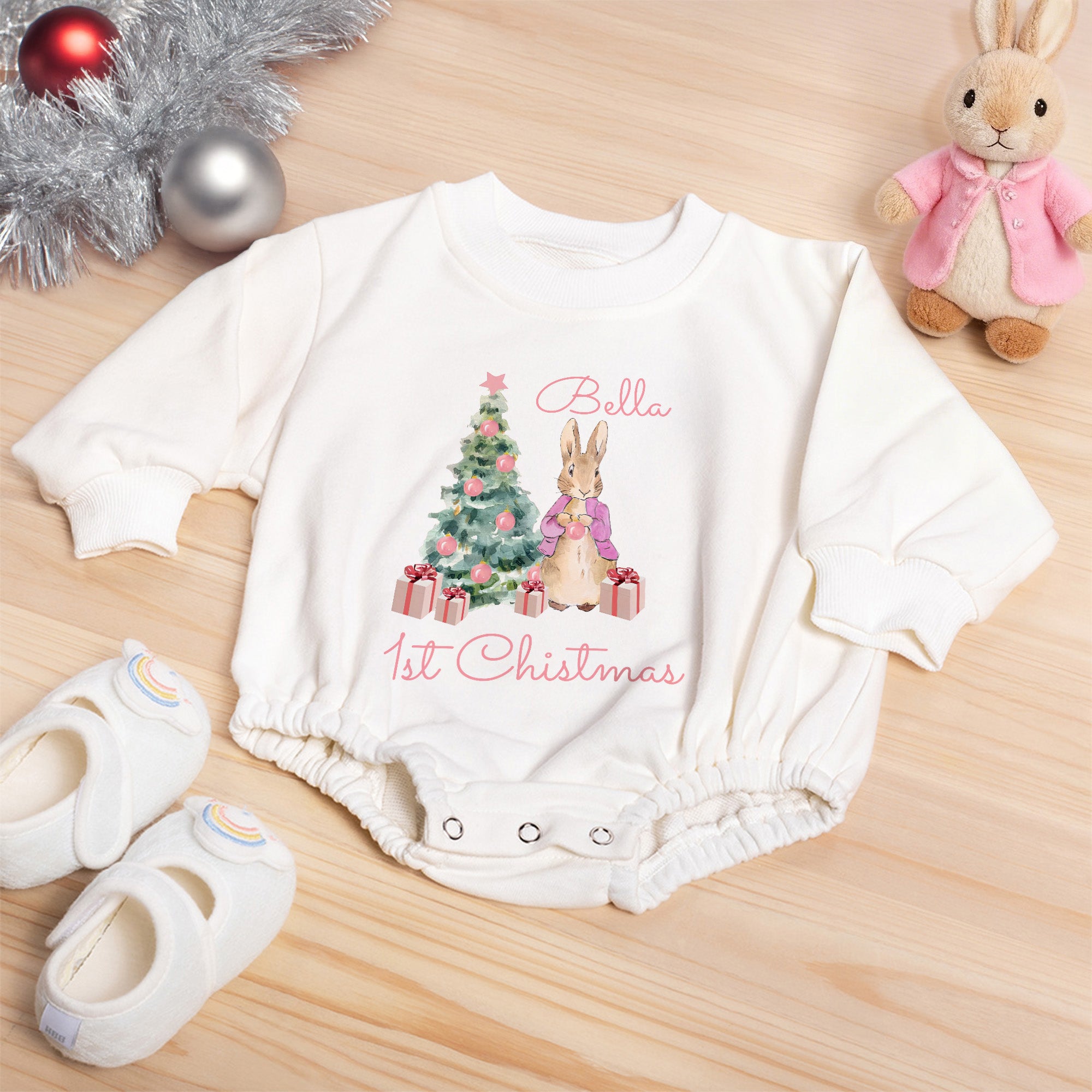 Peter Rabbit Personalizado Primera Navidad 100% Algodón Body de Manga Larga para Bebé a Juego Diadema y Calcetines con Nombre Regalo de Navidad para Recién Nacidos