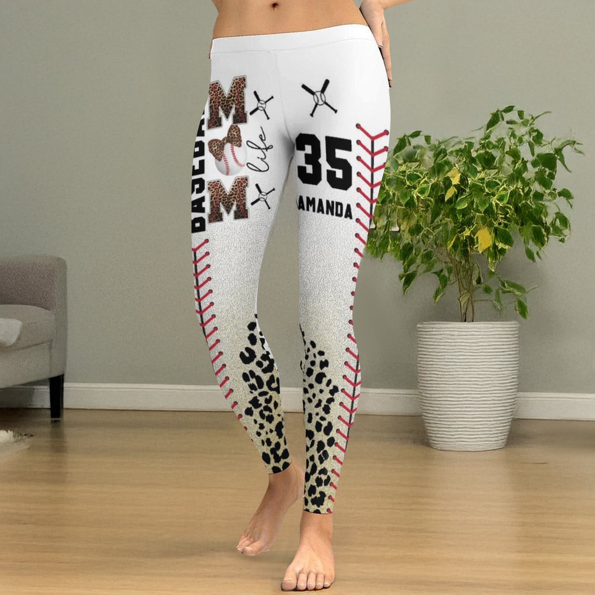 Leggings elásticos con nombre y número de mamá con estampado de leopardo personalizado Accesorios deportivos diarios Regalo de cumpleaños para mamá el día del partido
