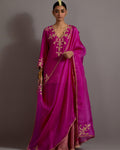 Fuchsia Pink Hand Embroidered Short Kurta Checkered Sharara Set By KYNAH, Luxury Indian Fashion & Bridal Wear