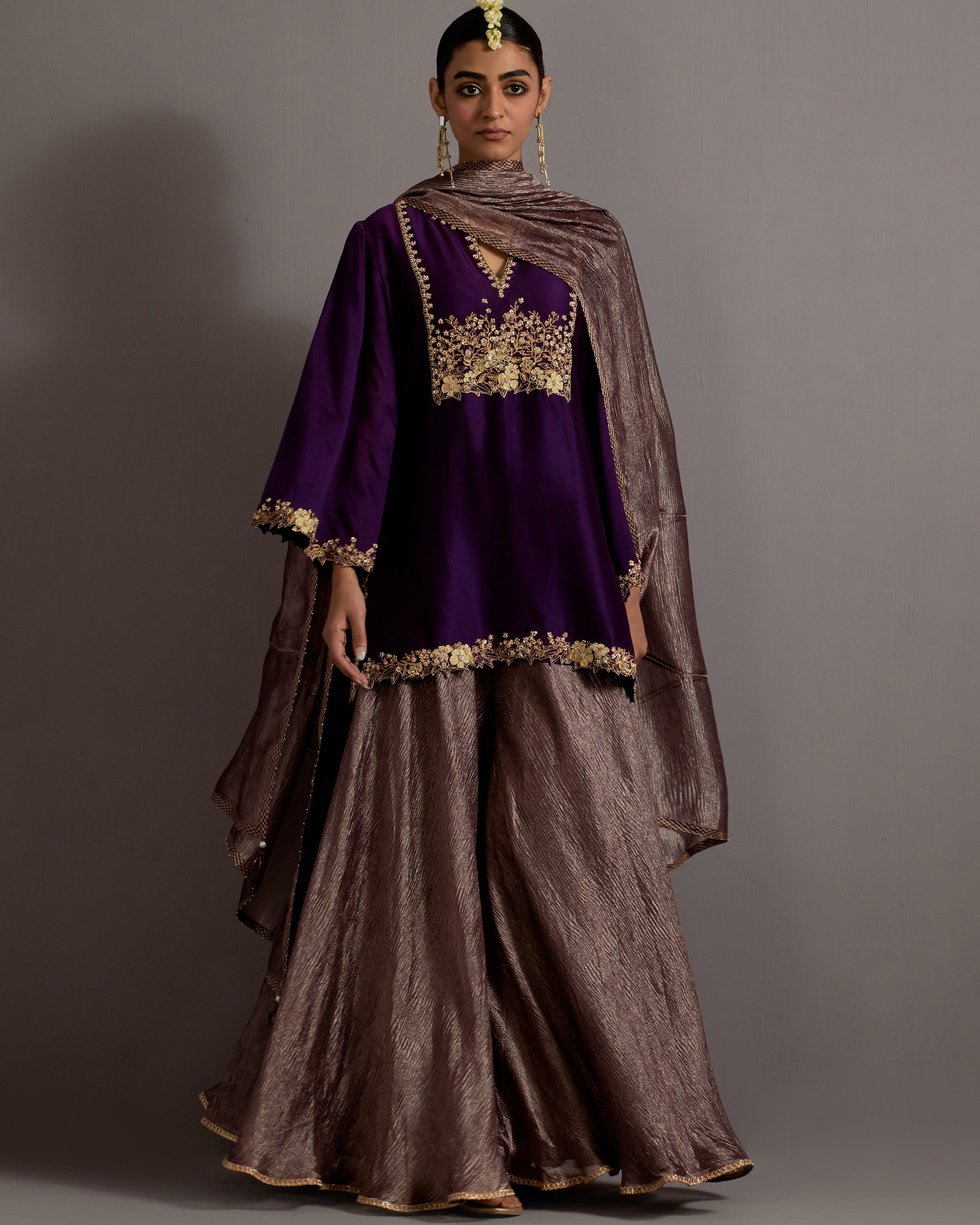 Aubergine Guccha Jaal Embroidered Short Kurta Sharara Set By KYNAH, Luxury Indian Fashion & Bridal Wear