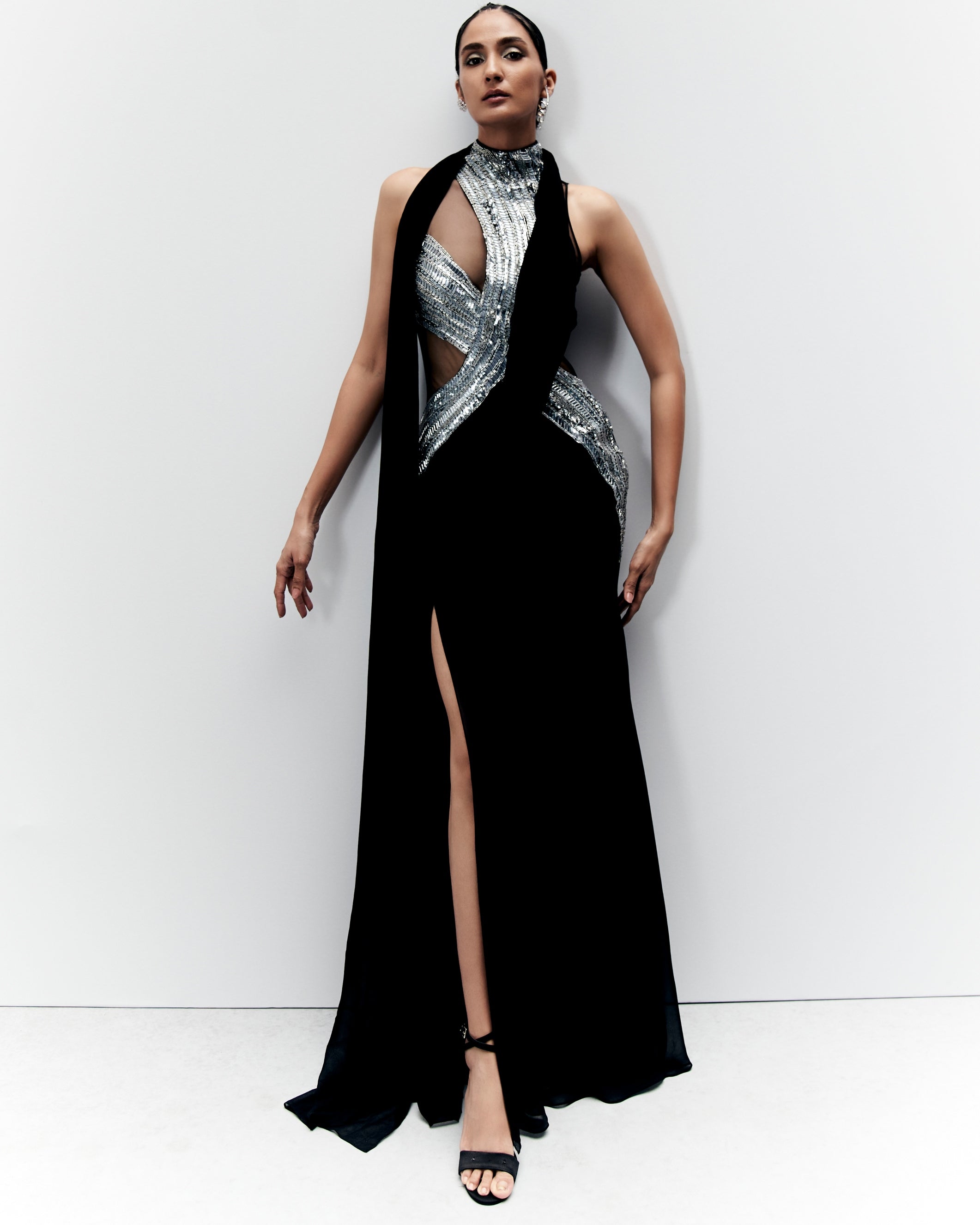 The Black With Comet Blue Cosmic Refraction Sari Gown By KYNAH, Luxury Indian Fashion & Bridal Wear