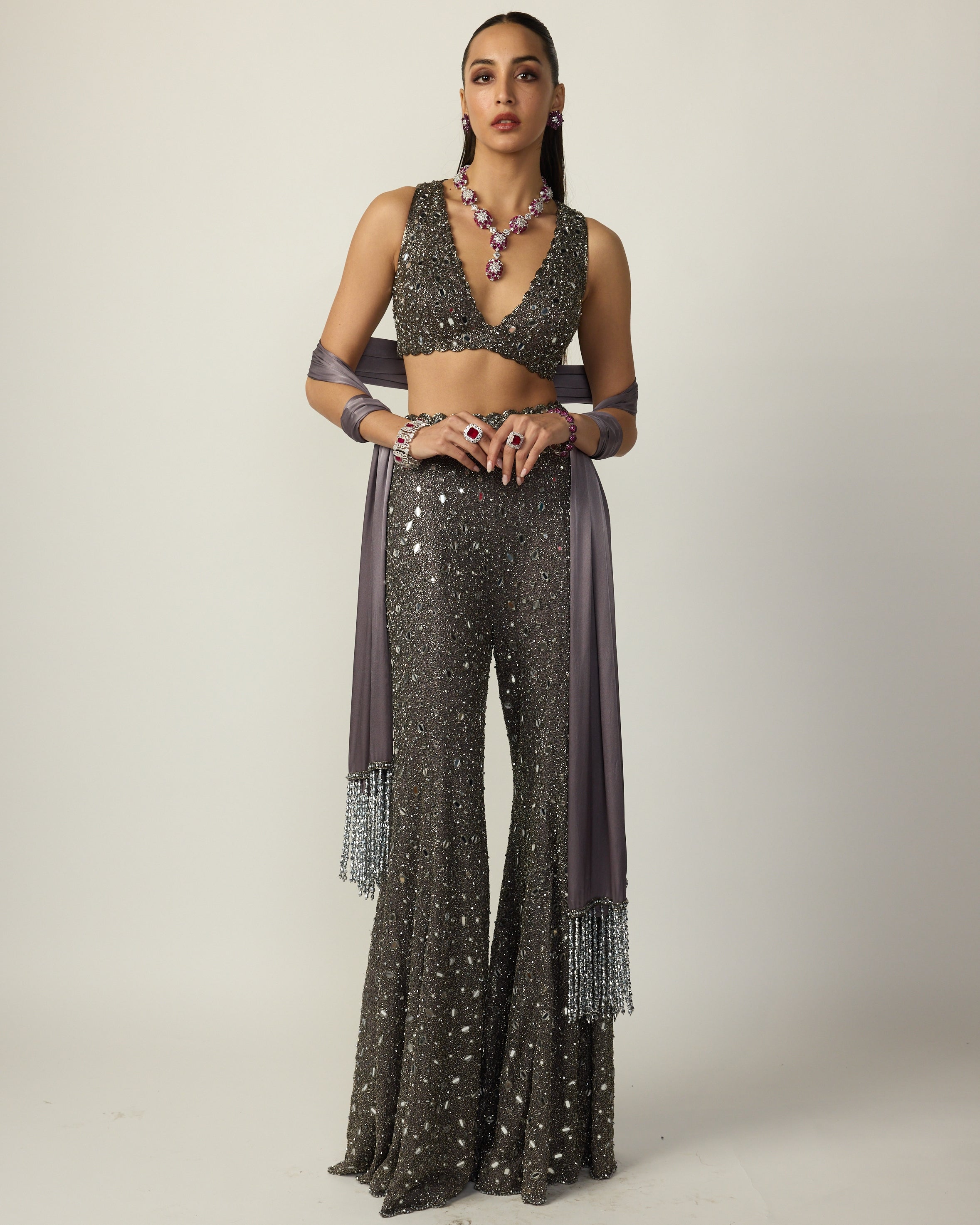 Metallic Grey Sharara Pant Set By KYNAH, Luxury Indian Fashion & Bridal Wear