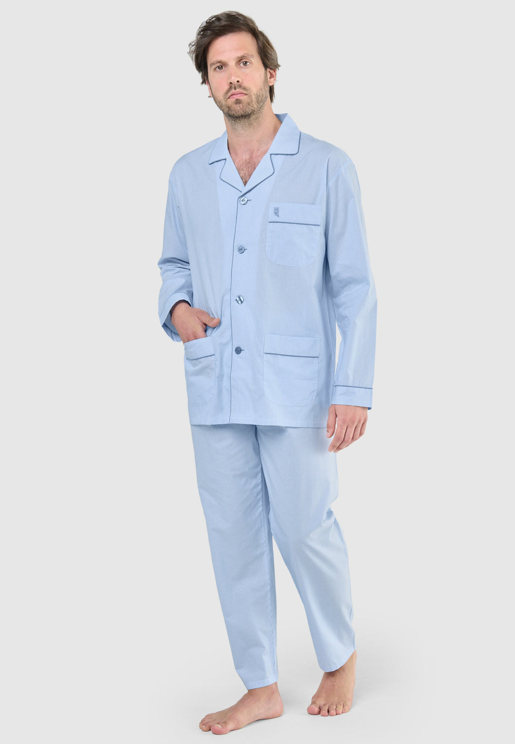 Pijama Hombre Largo Solapa Algodón Popelín Rayas - Celeste 2912_30