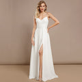 Bridal Wedding Dress Ivory Spaghetti Straps Long V-Neck A-line Chiffon