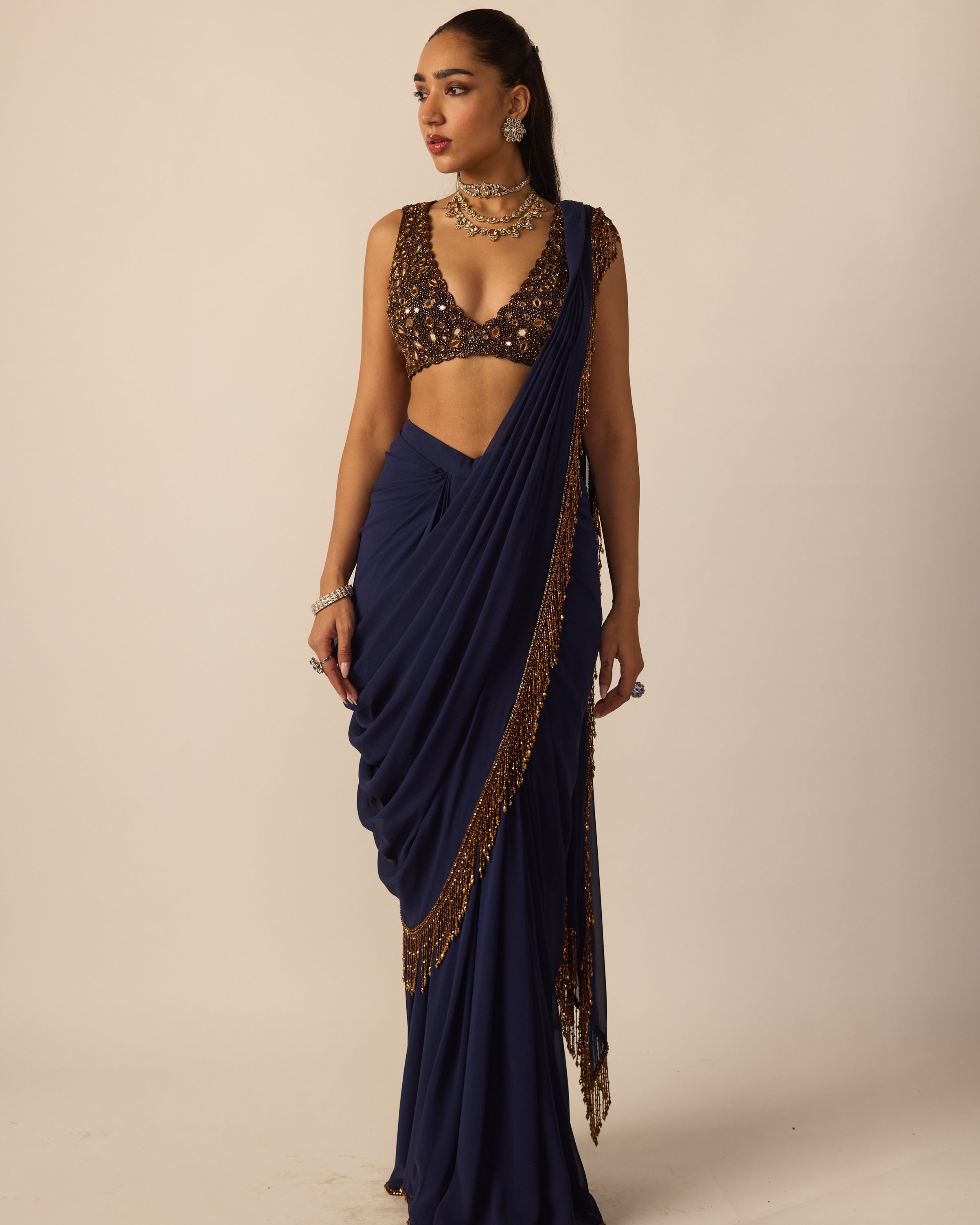Deep Blue Georgette Tassel Sari By KYNAH, Luxury Indian Fashion & Bridal Wear