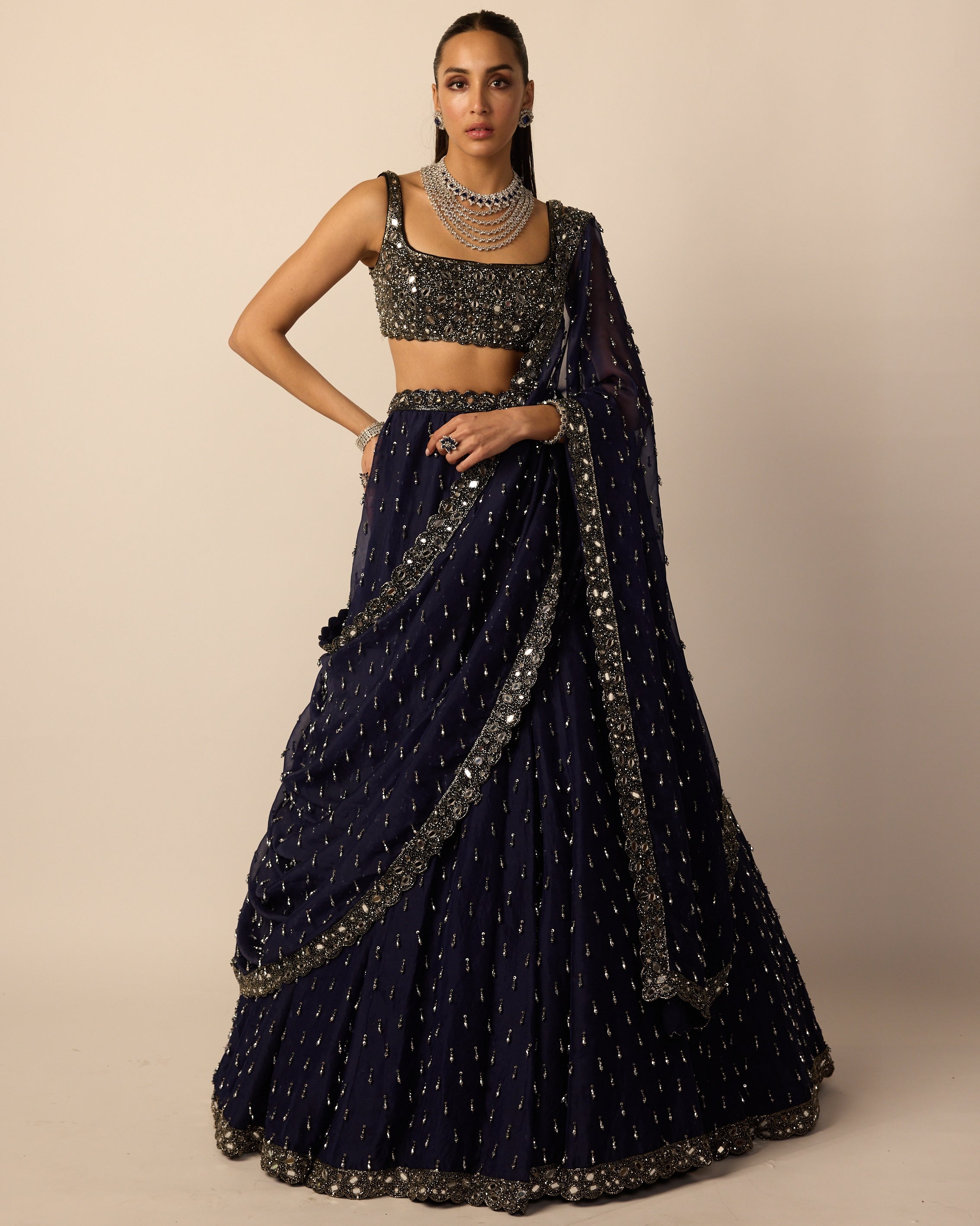Deep Blue Single Drop Lehenga Set By KYNAH, Luxury Indian Fashion & Bridal Wear