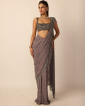 Metallic Grey Linear Draped Sari By KYNAH, Luxury Indian Fashion & Bridal Wear