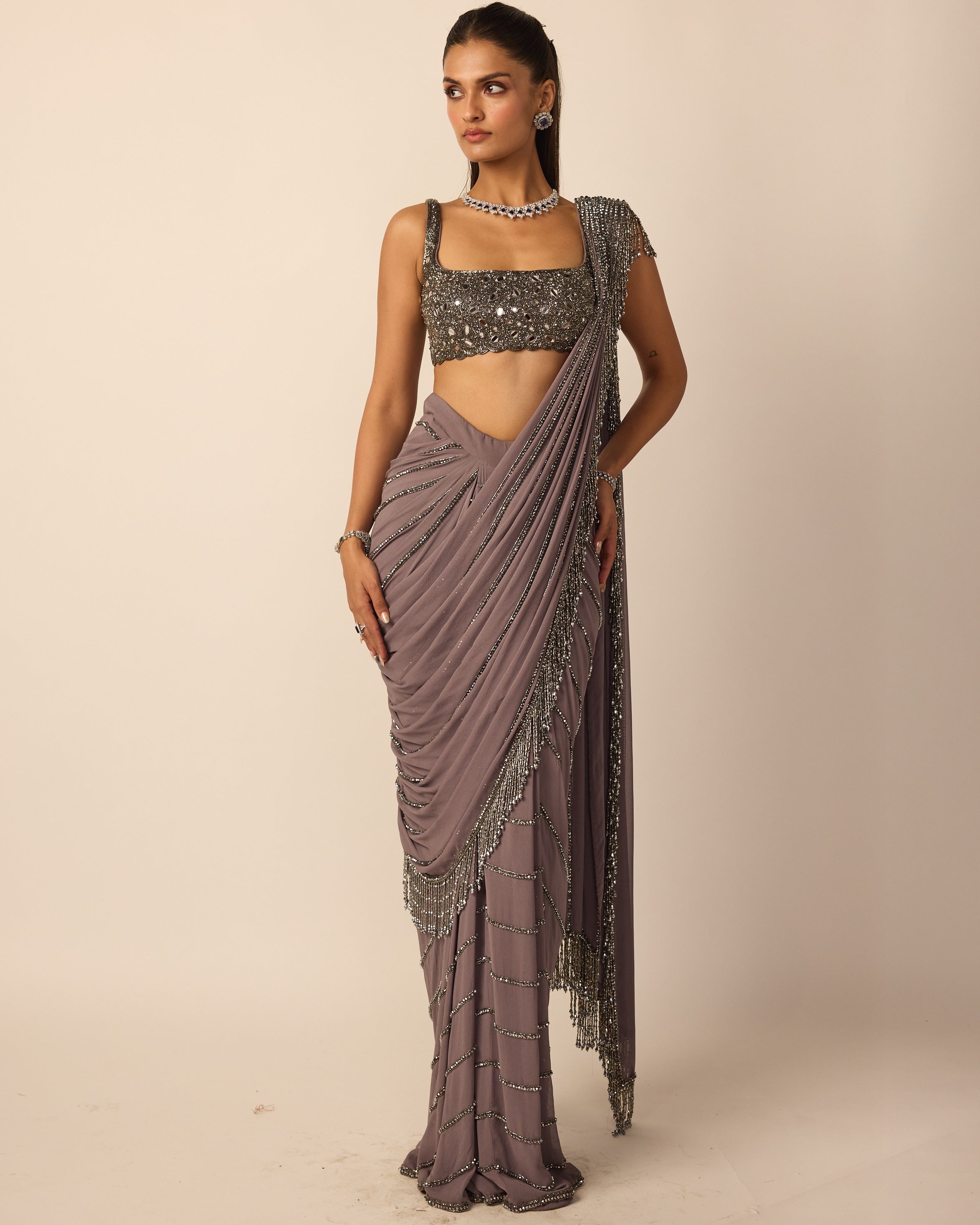 Metallic Grey Linear Draped Sari By KYNAH, Luxury Indian Fashion & Bridal Wear