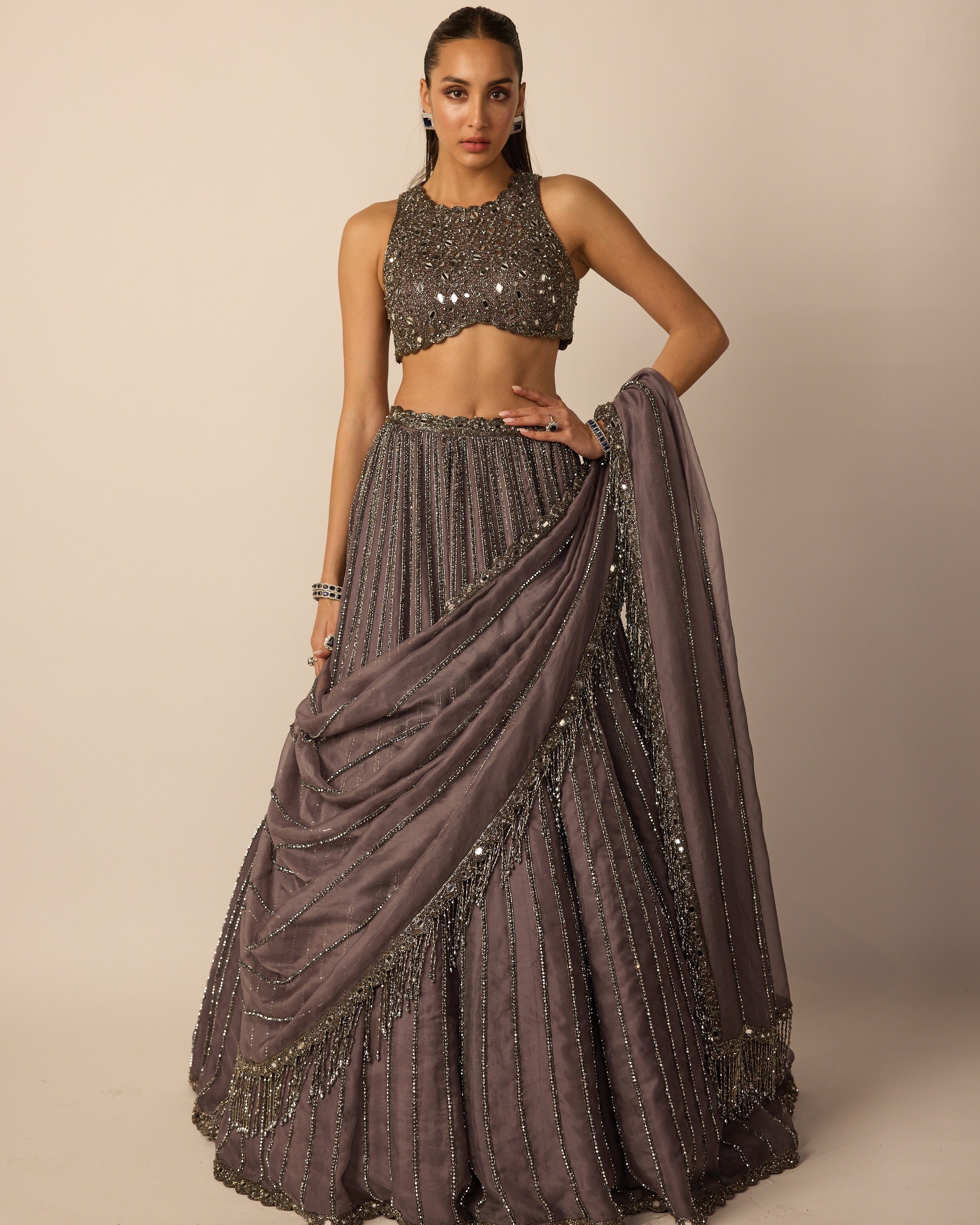 Metallic Grey Linear Lehenga Set By KYNAH, Luxury Indian Fashion & Bridal Wear