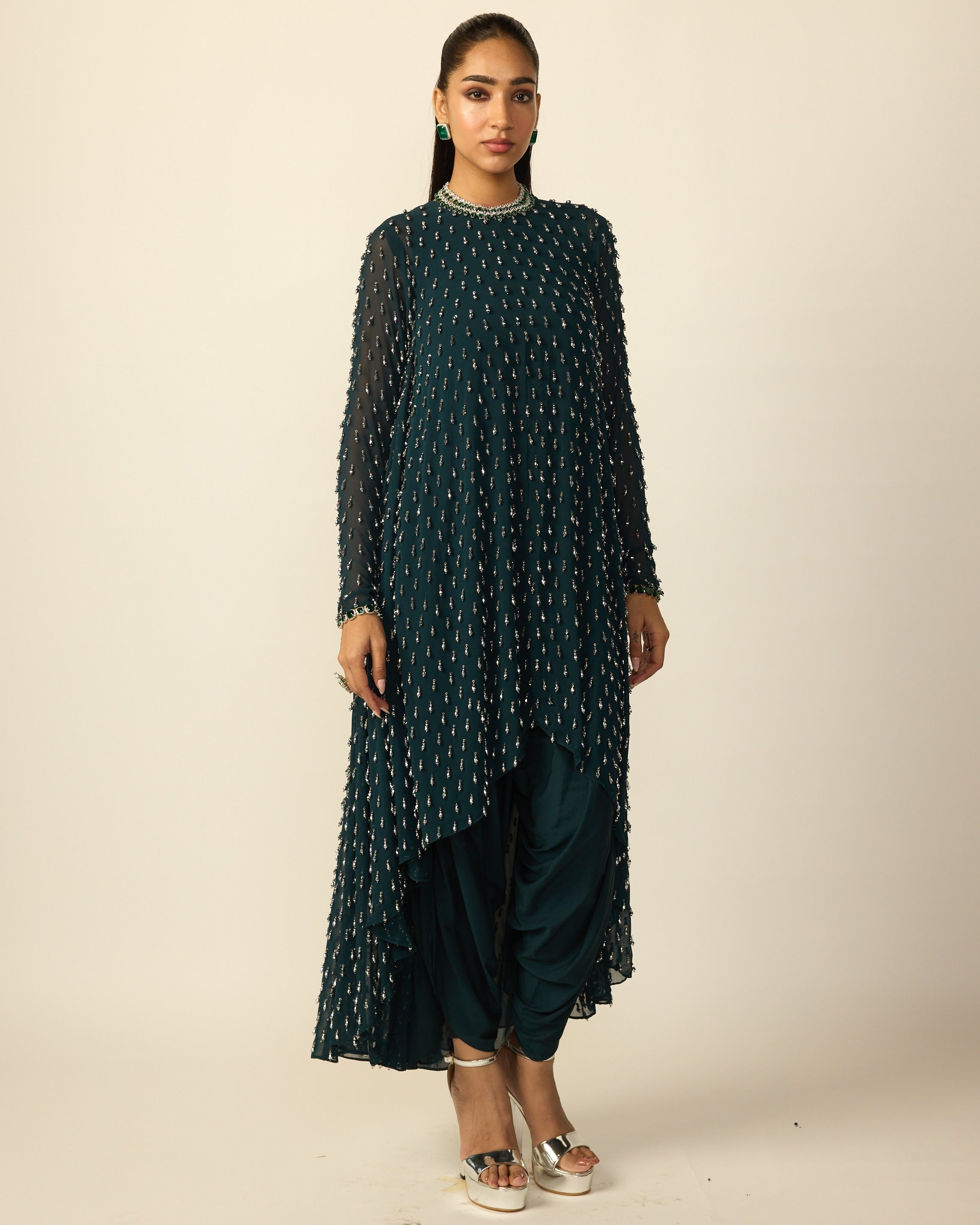 Dark Teal Drop Kurta Set By KYNAH, Luxury Indian Fashion & Bridal Wear