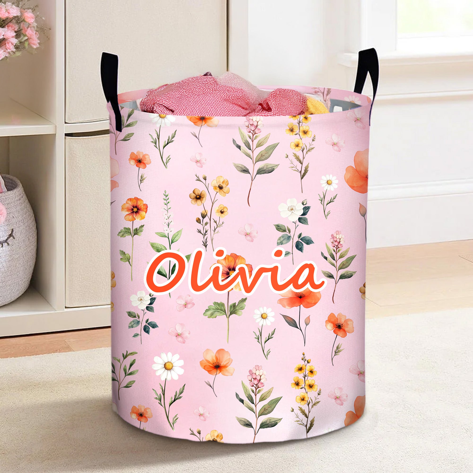 Cesto de la Ropa Personalizado Multicolor Wildflower Impermeable con Asa y Nombre Baby Shower Regalo de Cumpleaños para Niños Madres