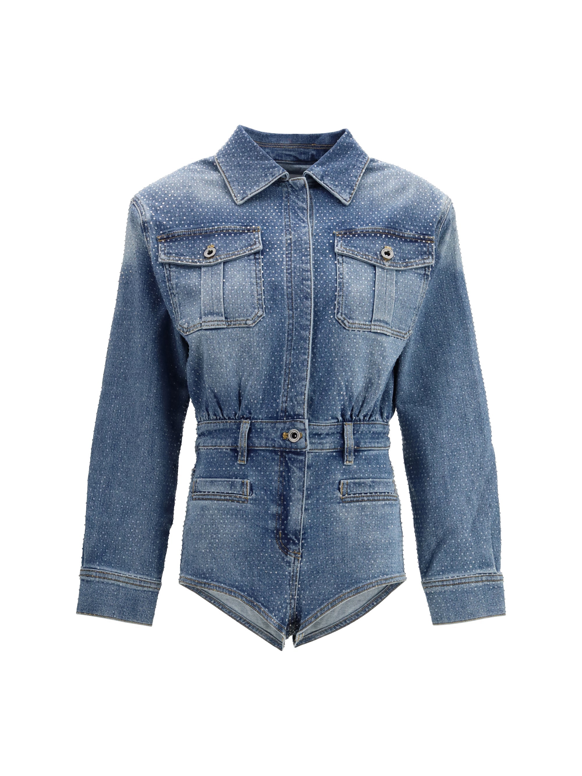 Self-Portrait Rhinestone Denim Playsuit — Blue