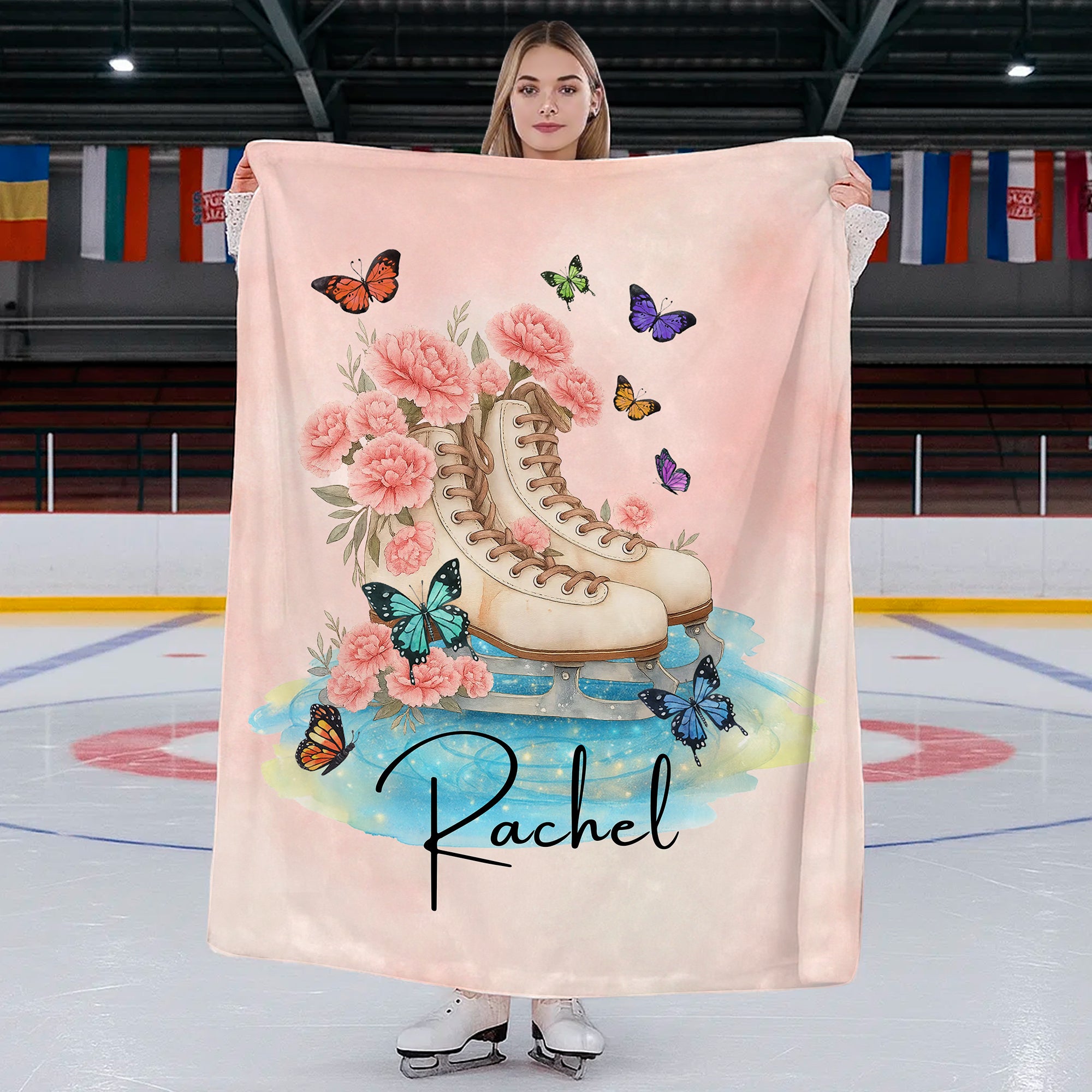 Nacimiento Personalizado Flor Patines de Hielo Suave manta con nombre Día del Juego Cumpleaños Regalo de Navidad para los amantes del patinaje artístico Hijas nietas
