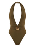 Balmain Logo Halterneck Swimsuit — Olive