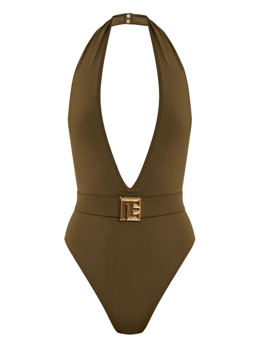 Balmain Logo Halterneck Swimsuit — Olive