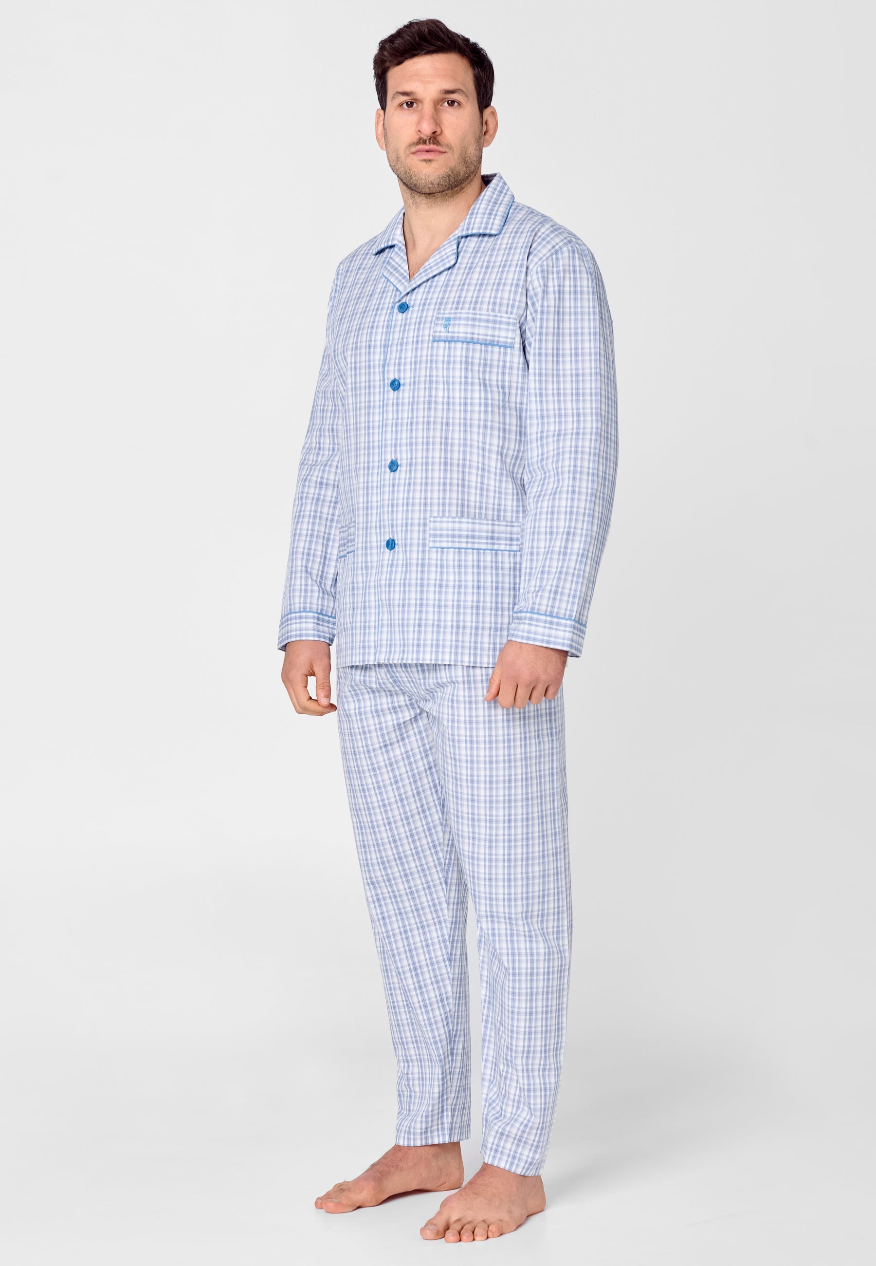 Pijama Hombre Largo Solapa Algodón Popelín Cuadros - Azul 2982_30