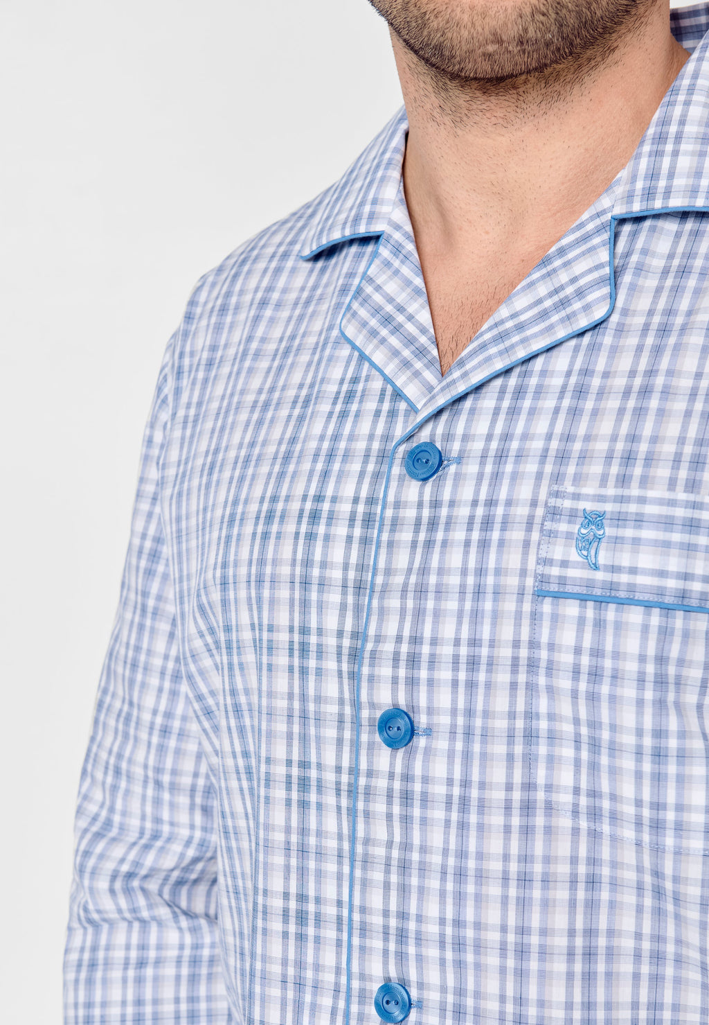 Pijama Hombre Largo Solapa Algodón Popelín Cuadros - Azul 2982_30