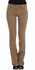 Women's Beige Straight Leg Denim Pants Stretch Jeans Cotton