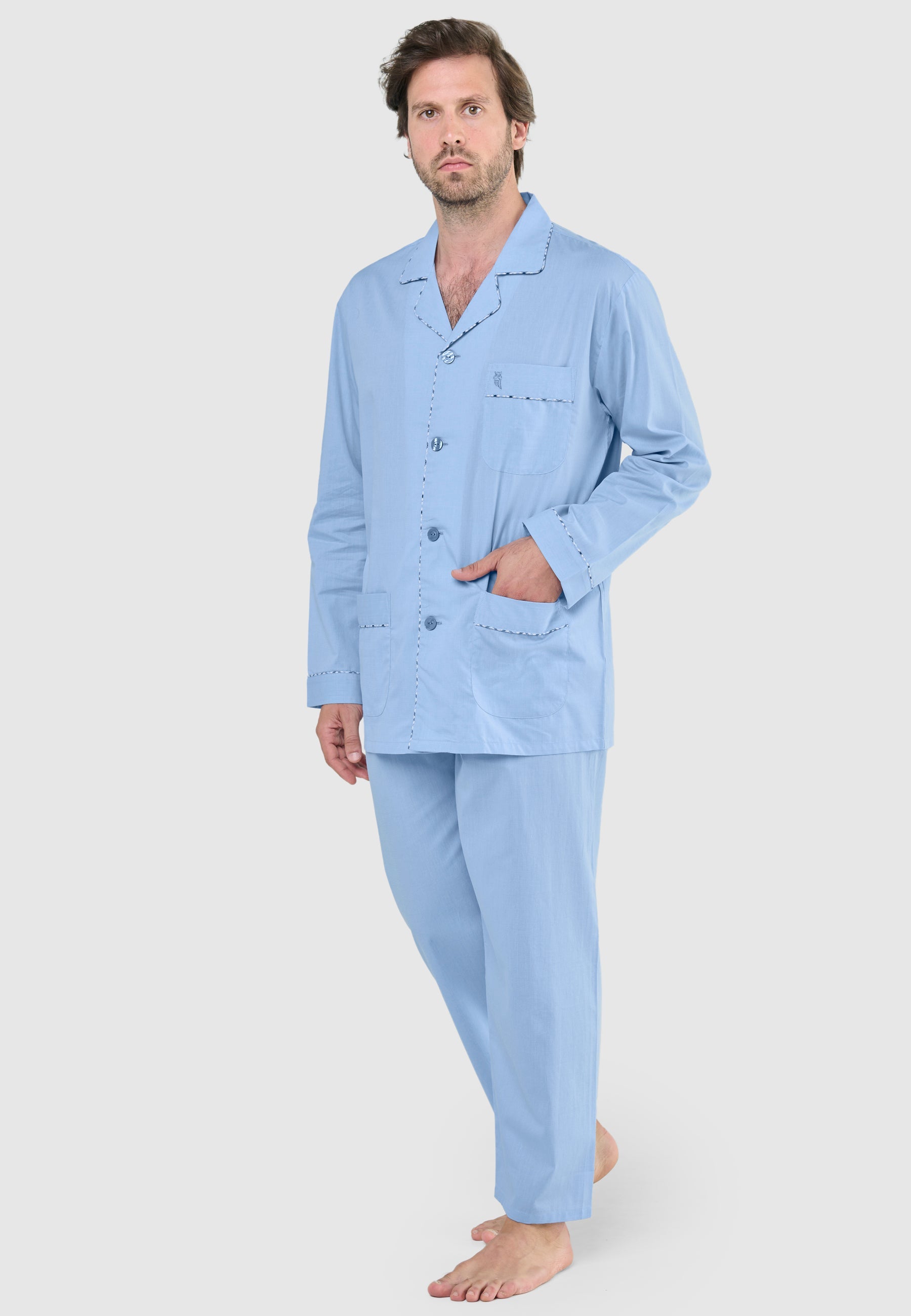 Pijama Hombre Largo Solapa Algodón Fil_à_Fil - Celeste 2987_30
