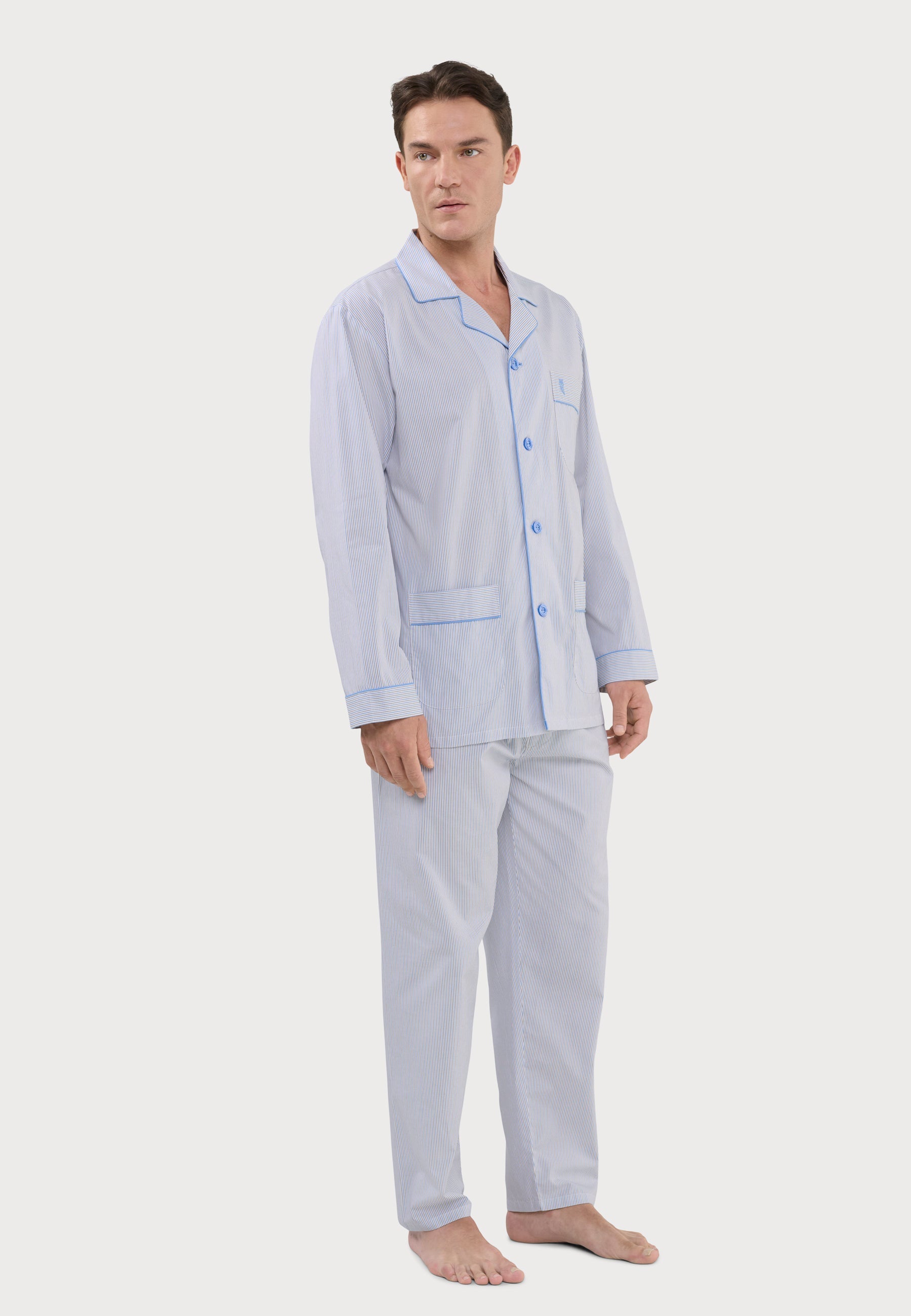 Pijama Hombre Largo Solapa Algodón Popelín Rayas - Beige 2992_10