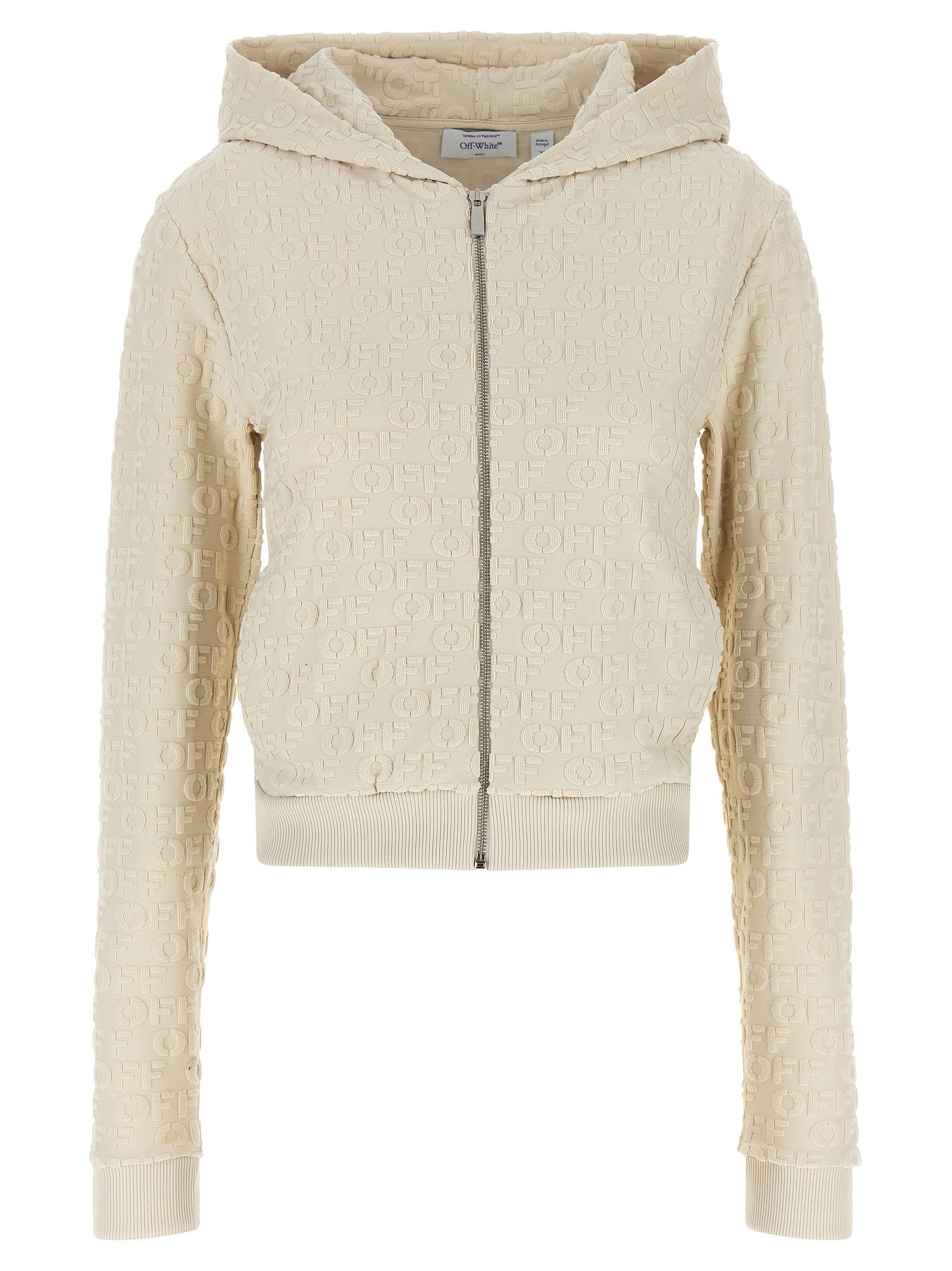 Off White Embossed Logo Jacquard Terry Hoodie — Cream