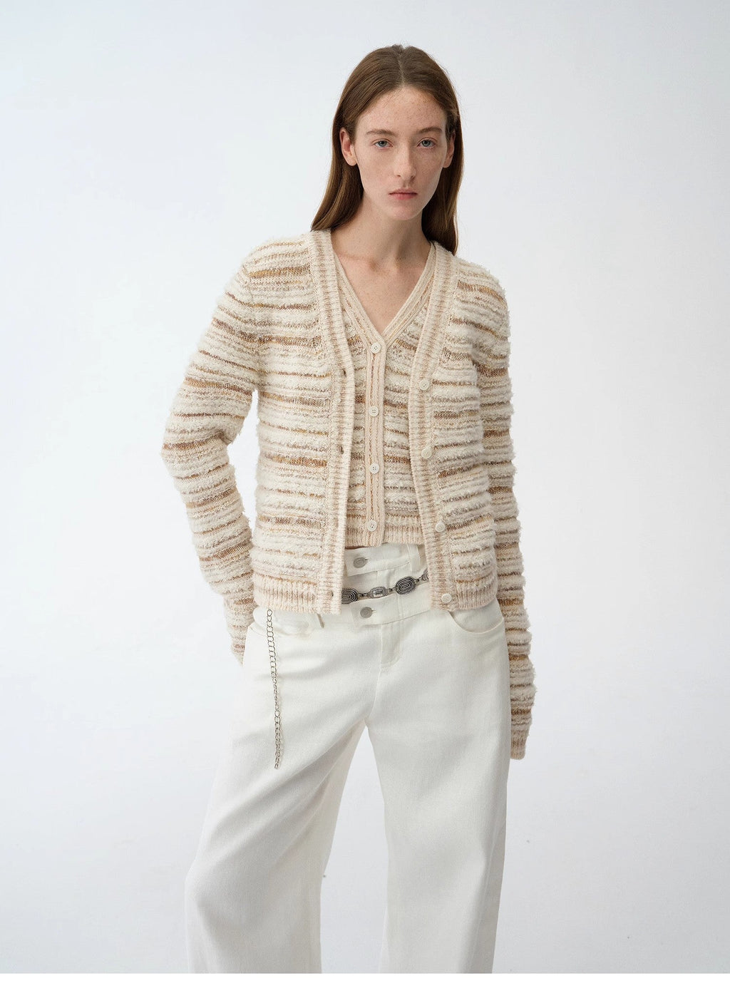 Nice Weekend striped mixed woven V-neck early spring layered knitted cardigan top/vest